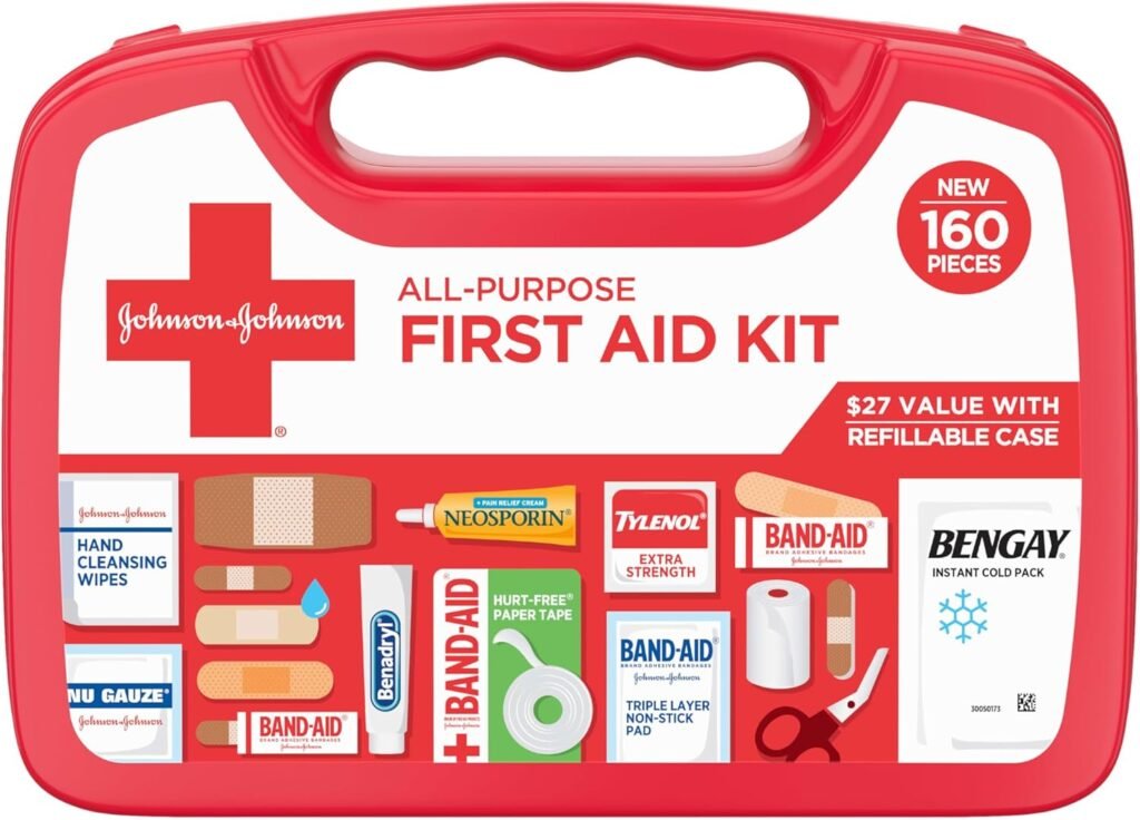 Johnson & Johnson Kit de primeros auxilios compacto portátil multiusos para cortes menores, rasguños, esguinces y quemaduras, ideal para el hogar, automóvil, viajes, campamento y emergencias al aire. Botiquín de primeros auxilios johnson&johnson de 160 piezas