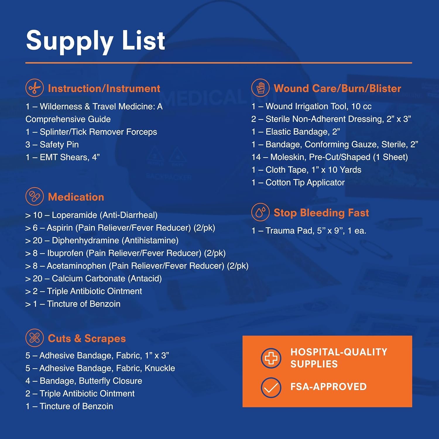 lista detallada del contenido del Adventure Medical Kits Mountain Series Backpacker